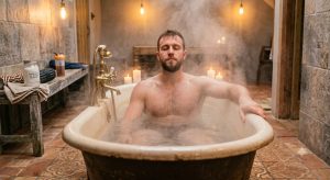 Récupération post-effort sportif : un homme prend un bain chaud pour détendre ses muscles et soulager les courbatures et les douleurs musculaires.