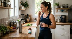 Une femme sportive prend un supplément de magnésium dans sa cuisine pour éviter les courbatures et les douleurs musculaires