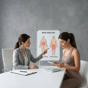 Femme qui consulte une spécialiste pour excès de graisse abdominale ou de graisses viscérale
