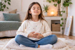 Enfant pratiquant un exercice de respiration lors d’une séance de sophrologie