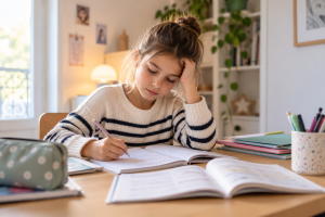 Enfant faisant ses devoirs et confronté au stress scolaire, que la sophrologie peut aider à mieux gérer