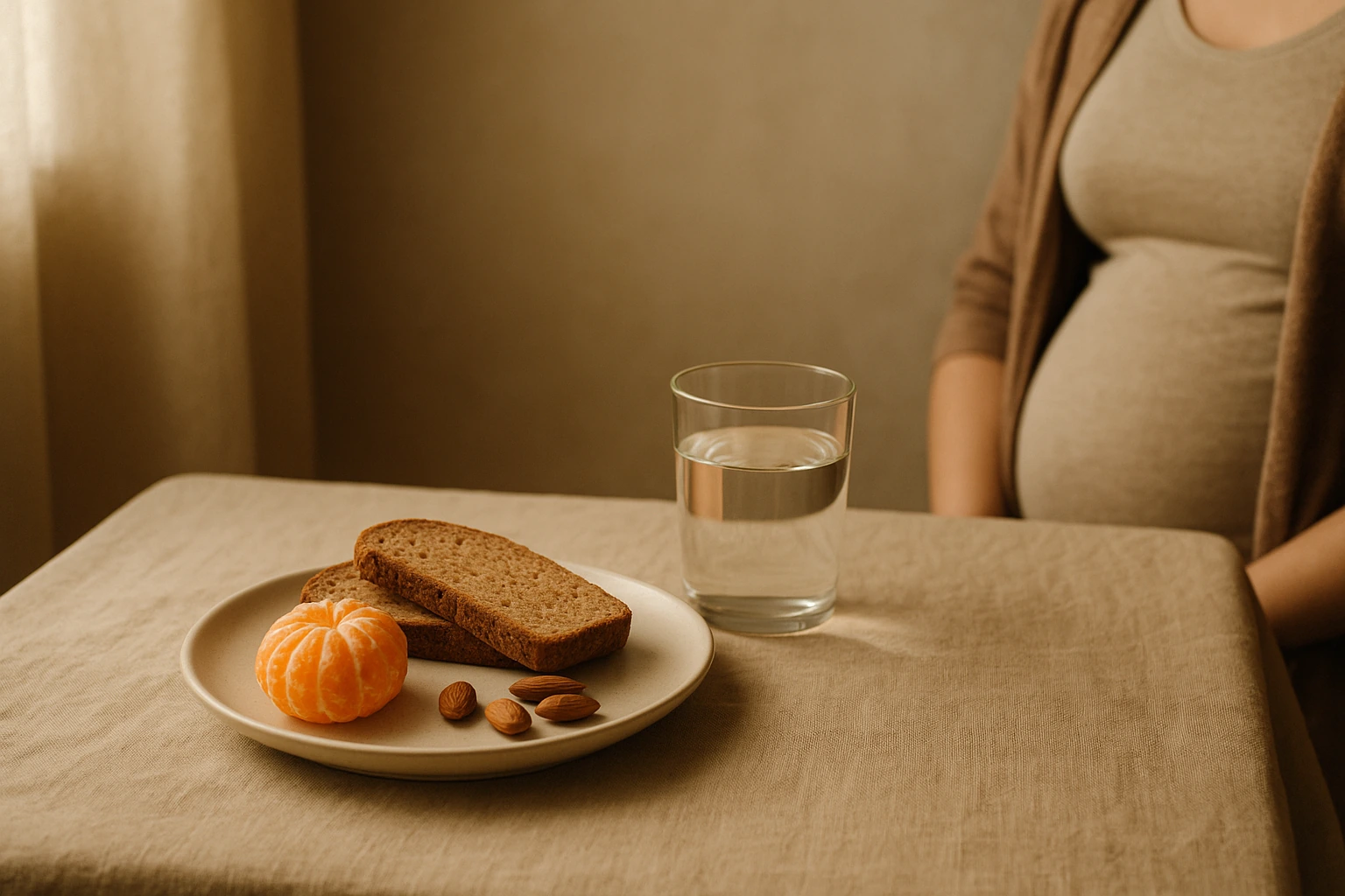 Assiette avec mandarine pelée, amandes et pain, verre d'eau, silhouette enceinte assise en arrière-plan.