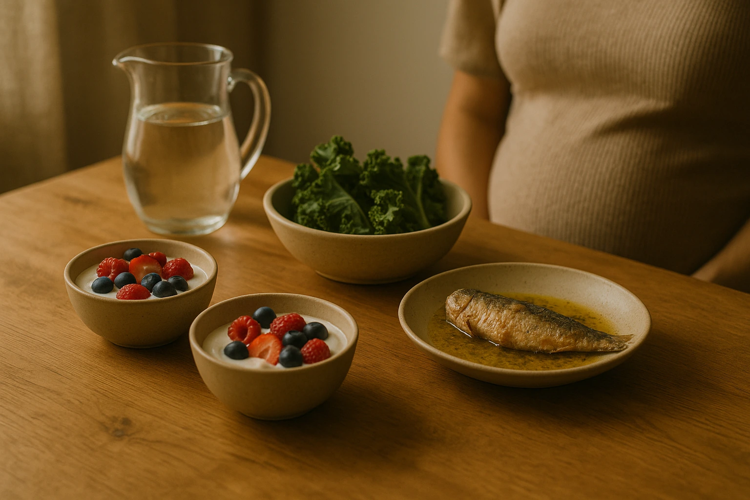 Bols de fruits rouges au yaourt, chou vert, poisson cuit et carafe d'eau, silhouette enceinte en arrière-plan.