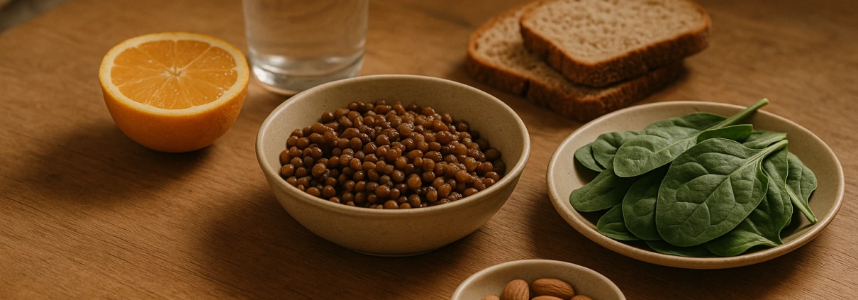 Bols en céramique avec lentilles, épinards, amandes, une orange coupée et deux tranches de pain complet.