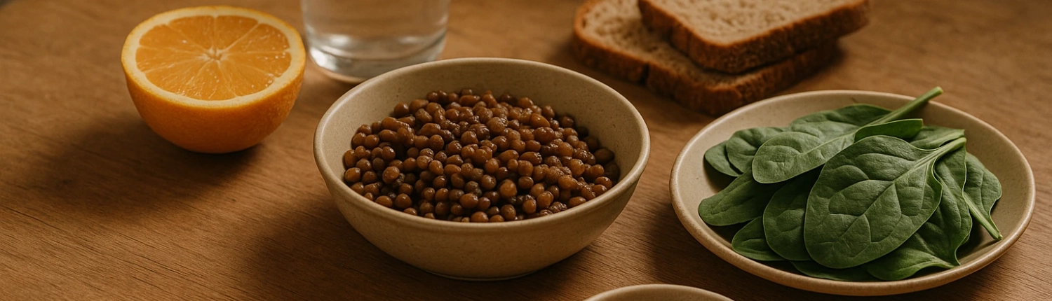 Bols en céramique avec lentilles, épinards, amandes, une orange coupée et deux tranches de pain complet.