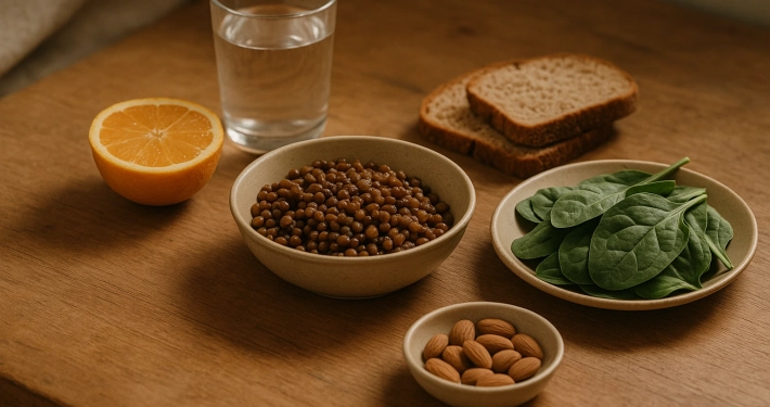 Bols en céramique avec lentilles, épinards, amandes, une orange coupée et deux tranches de pain complet.