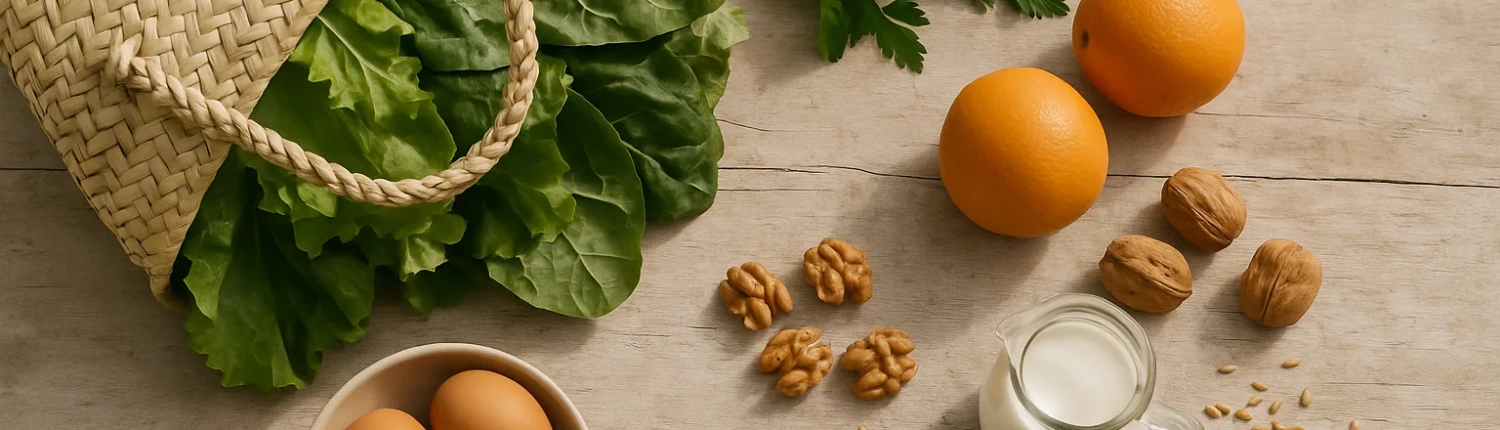 Panier en osier renversé laissant échapper des feuilles de salade et de blette, à côté d'un bouquet de persil, de deux oranges, de noix, d'un bol d'œufs et d'un petit pichet de lait