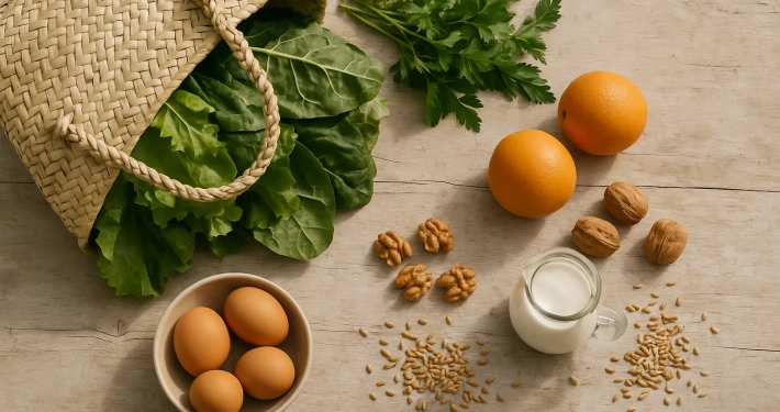Panier en osier renversé laissant échapper des feuilles de salade et de blette, à côté d'un bouquet de persil, de deux oranges, de noix, d'un bol d'œufs et d'un petit pichet de lait