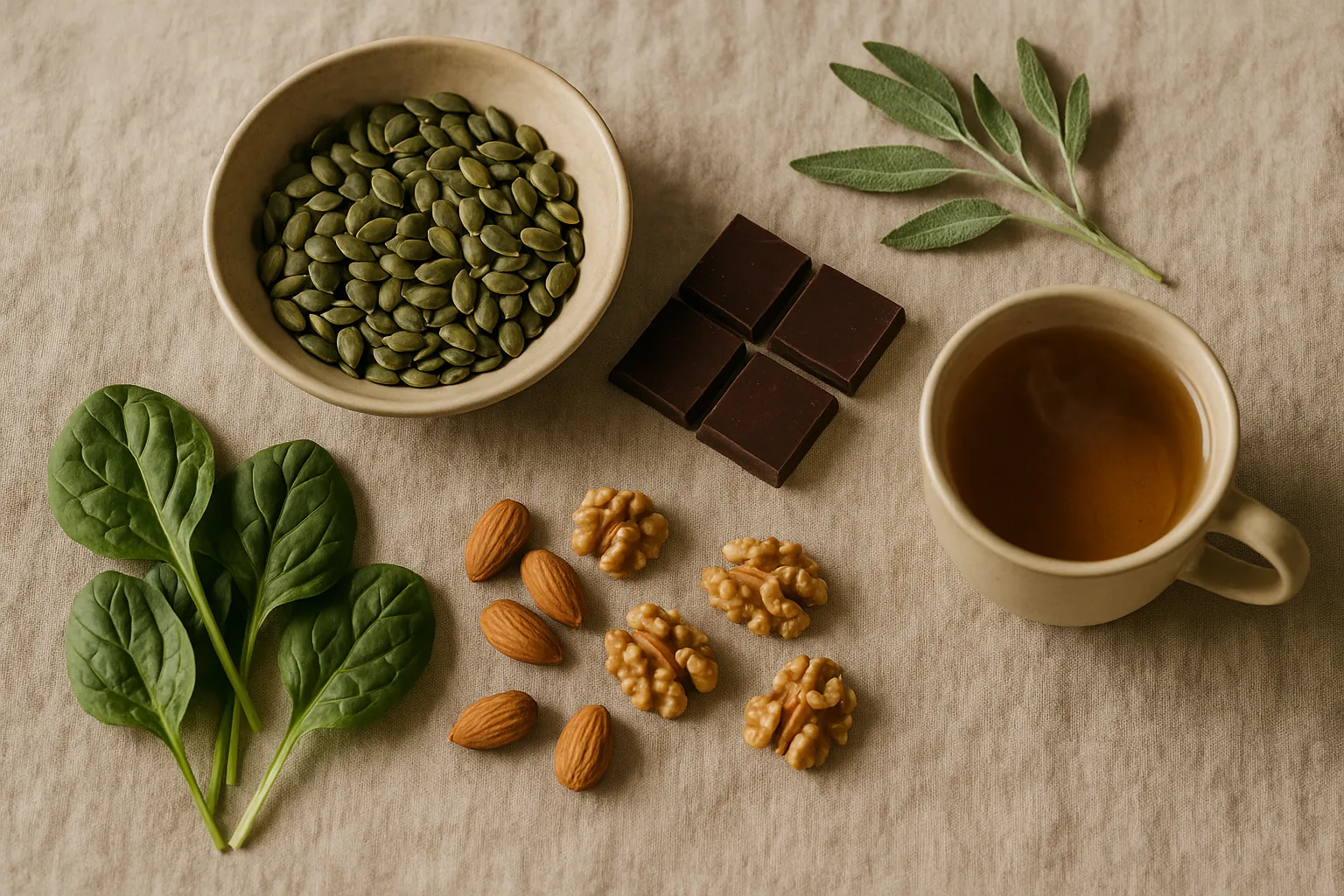 Graines de courge, amandes, noix, carré de chocolat noir, feuilles d'épinard, sauge et tasse d'infusion