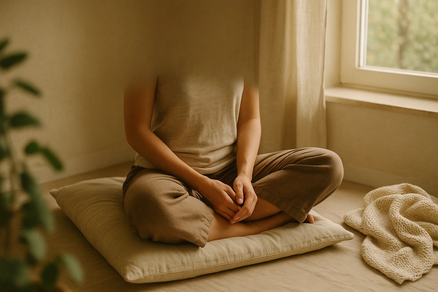 Personne assise en tailleur sur un coussin, mains jointes, dans une pièce lumineuse et calme près d'une fenêtre