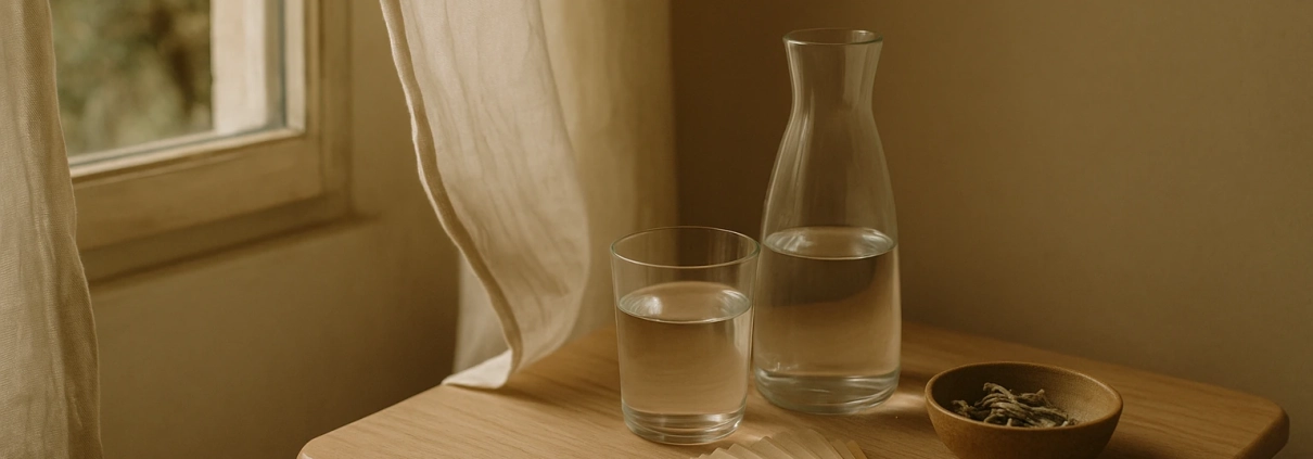 Verre et carafe d'eau, éventail en bois et bol de tisane sur une table de chevet près d'une fenêtre