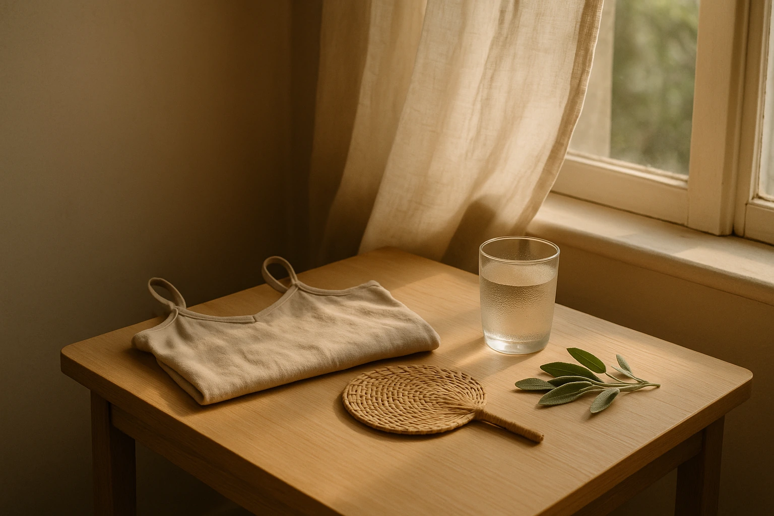 Table en bois avec caraco léger plié, verre d'eau fraîche, éventail en rotin et brin de sauge
