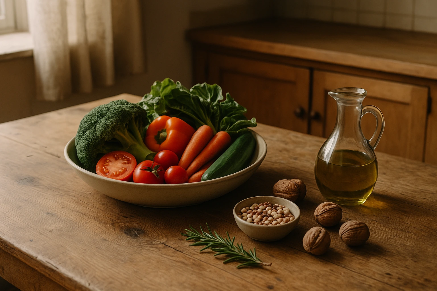Plat de légumes colorés, noix, pois chiches et huile d'olive posés sur une table en bois