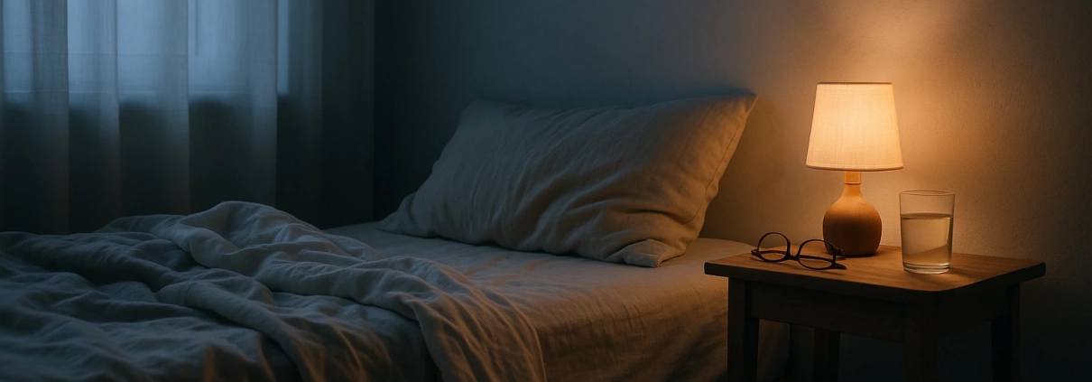 Chambre nocturne avec lit défait, lampe de chevet allumée, lunettes et verre d'eau