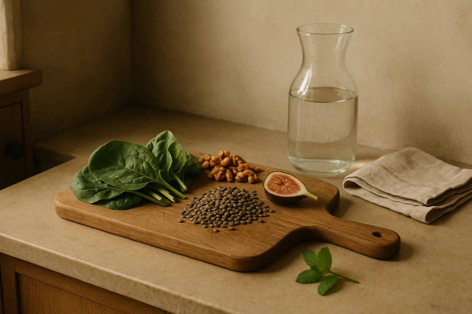 Planche en bois avec épinards frais, lentilles, noix, une figue coupée et une carafe d'eau