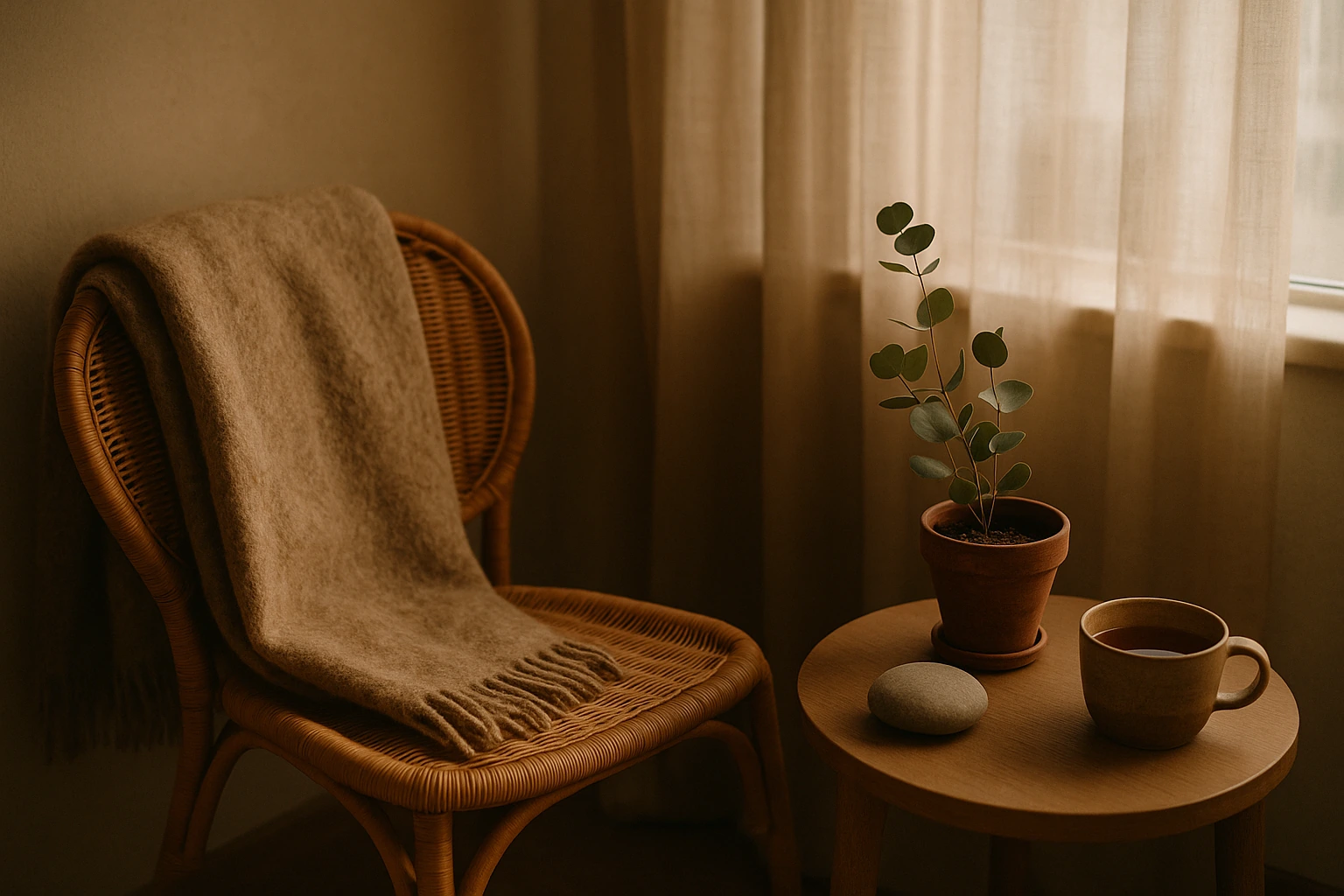 Fauteuil en rotin avec plaid, petite table avec galet, plante en pot et tasse près d'un rideau