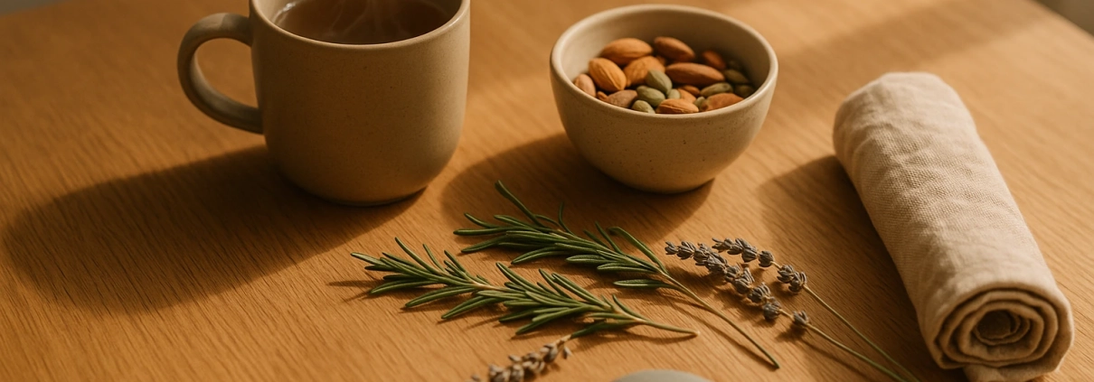 Tasse fumante, bol d'amandes et graines, brins de romarin et lavande, galet et linge sur bois