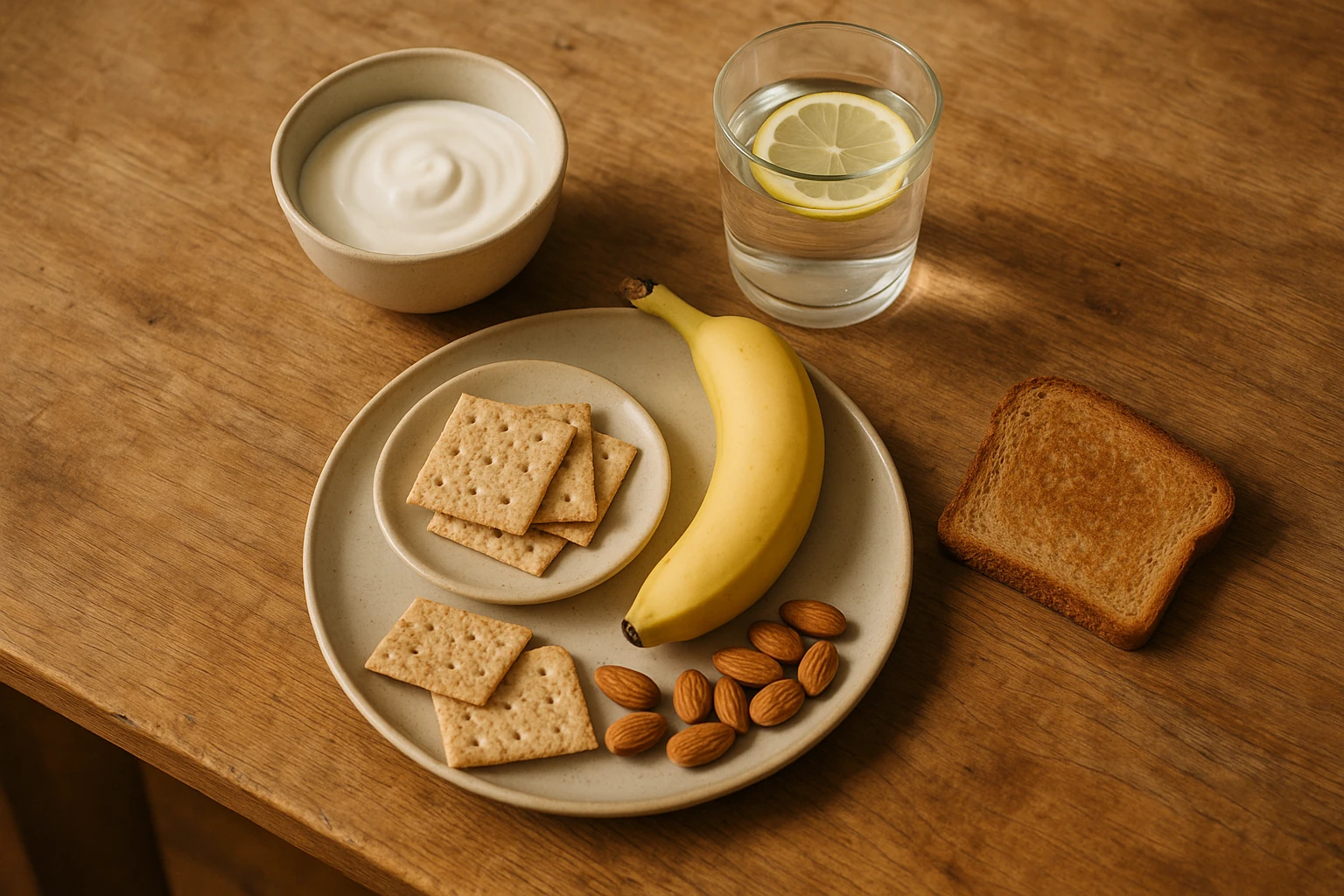 Petite assiette avec crackers, banane, amandes et yaourt, accompagnée d'un verre d'eau citronnée