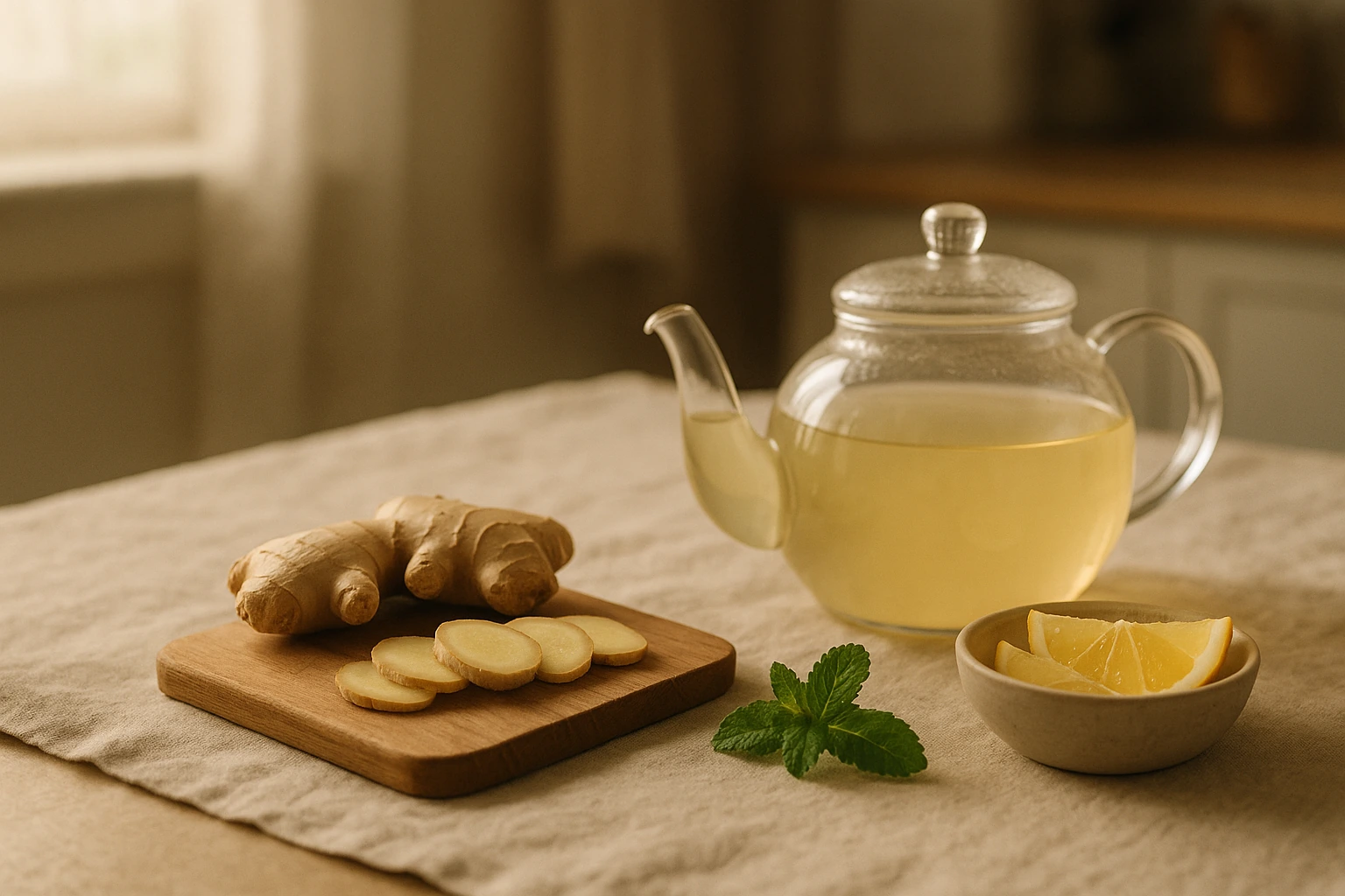 Théière en verre remplie d'infusion claire, entourée de rondelles de gingembre frais et d'une feuille de menthe