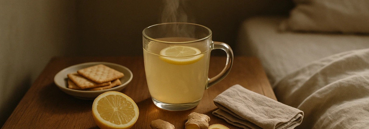 Tasse fumante de tisane au citron posée sur une table de chevet en bois, près de biscuits et de gingembre frais