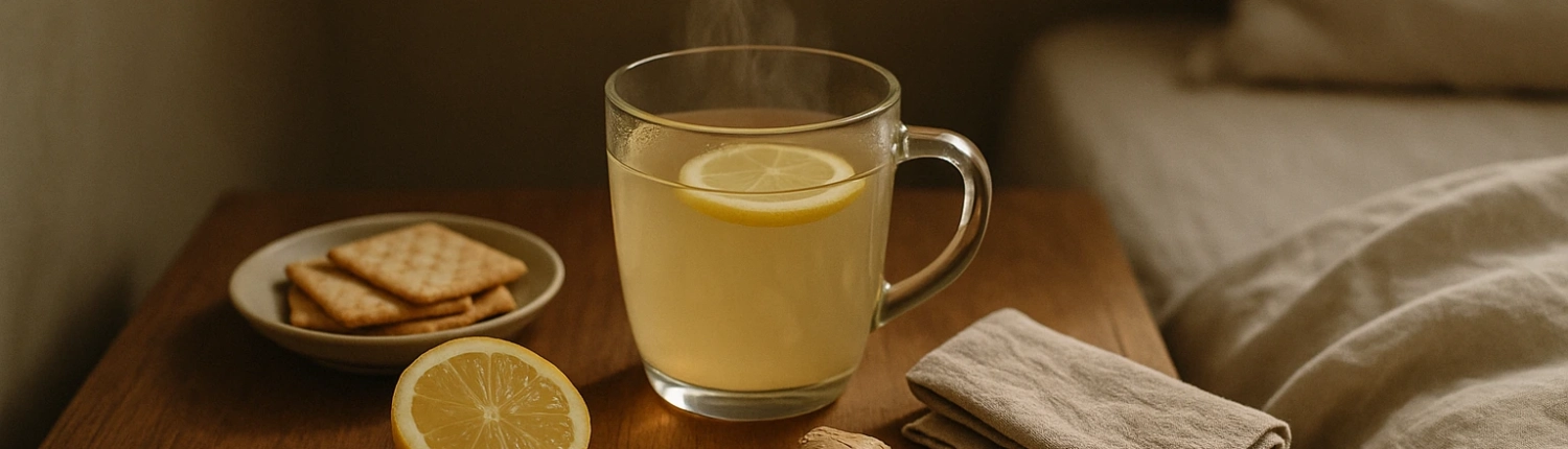 Tasse fumante de tisane au citron posée sur une table de chevet en bois, près de biscuits et de gingembre frais