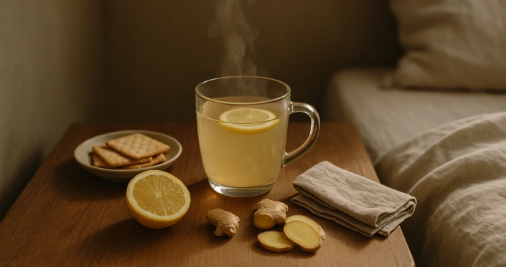 Tasse fumante de tisane au citron posée sur une table de chevet en bois, près de biscuits et de gingembre frais