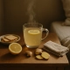 Tasse fumante de tisane au citron posée sur une table de chevet en bois, près de biscuits et de gingembre frais