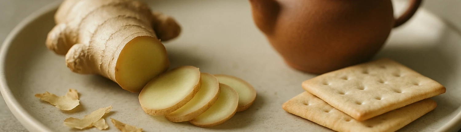 Rhizome de gingembre frais et ses rondelles sur une assiette en grès, à côté d'une théière en terre cuite fumante et de deux crackers nature