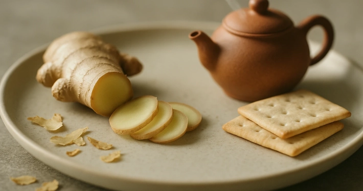 Rhizome de gingembre frais et ses rondelles sur une assiette en grès, à côté d'une théière en terre cuite fumante et de deux crackers nature