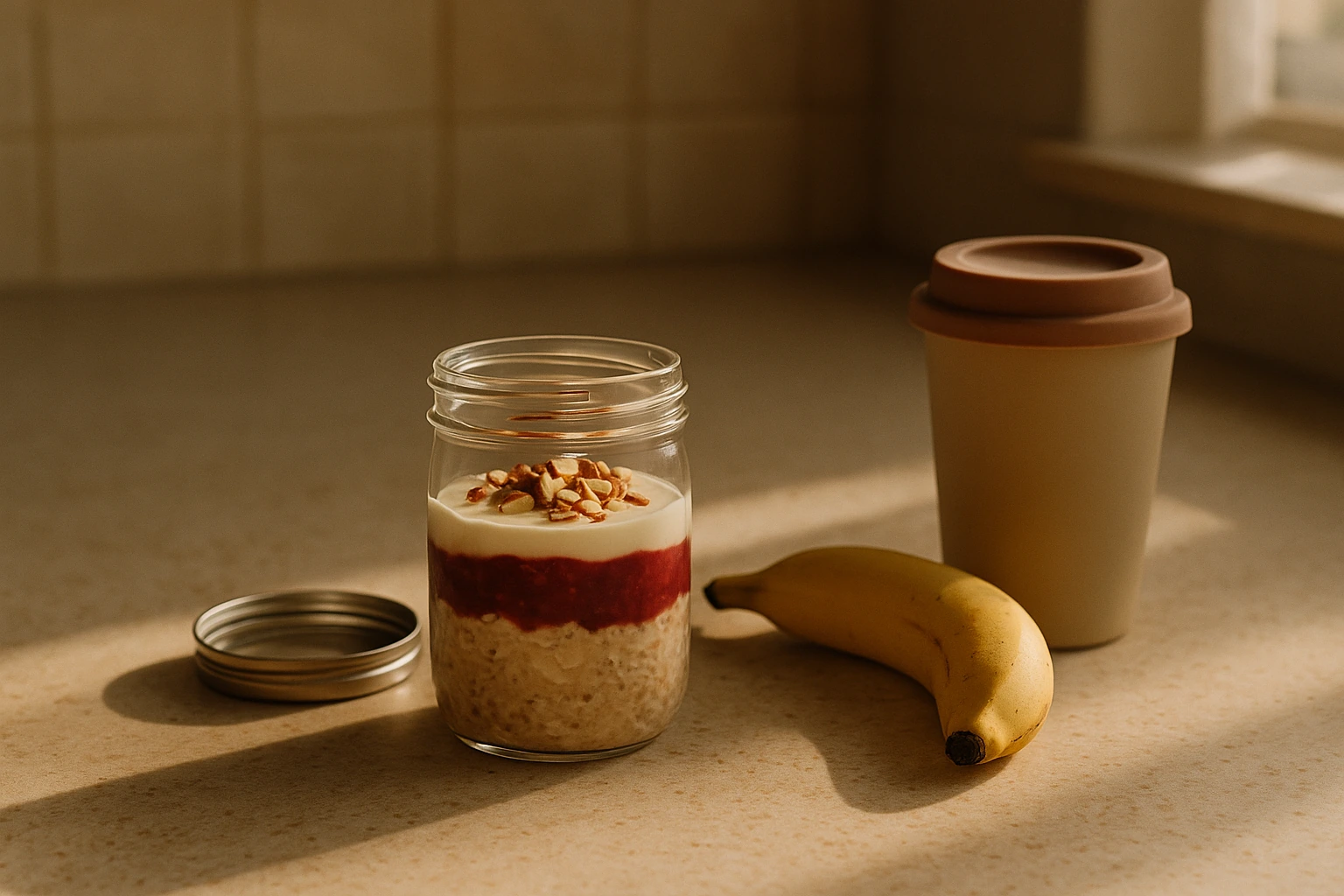 Bocal de porridge overnight à la banane et au coulis de fruits rouges posé près d'un gobelet réutilisable