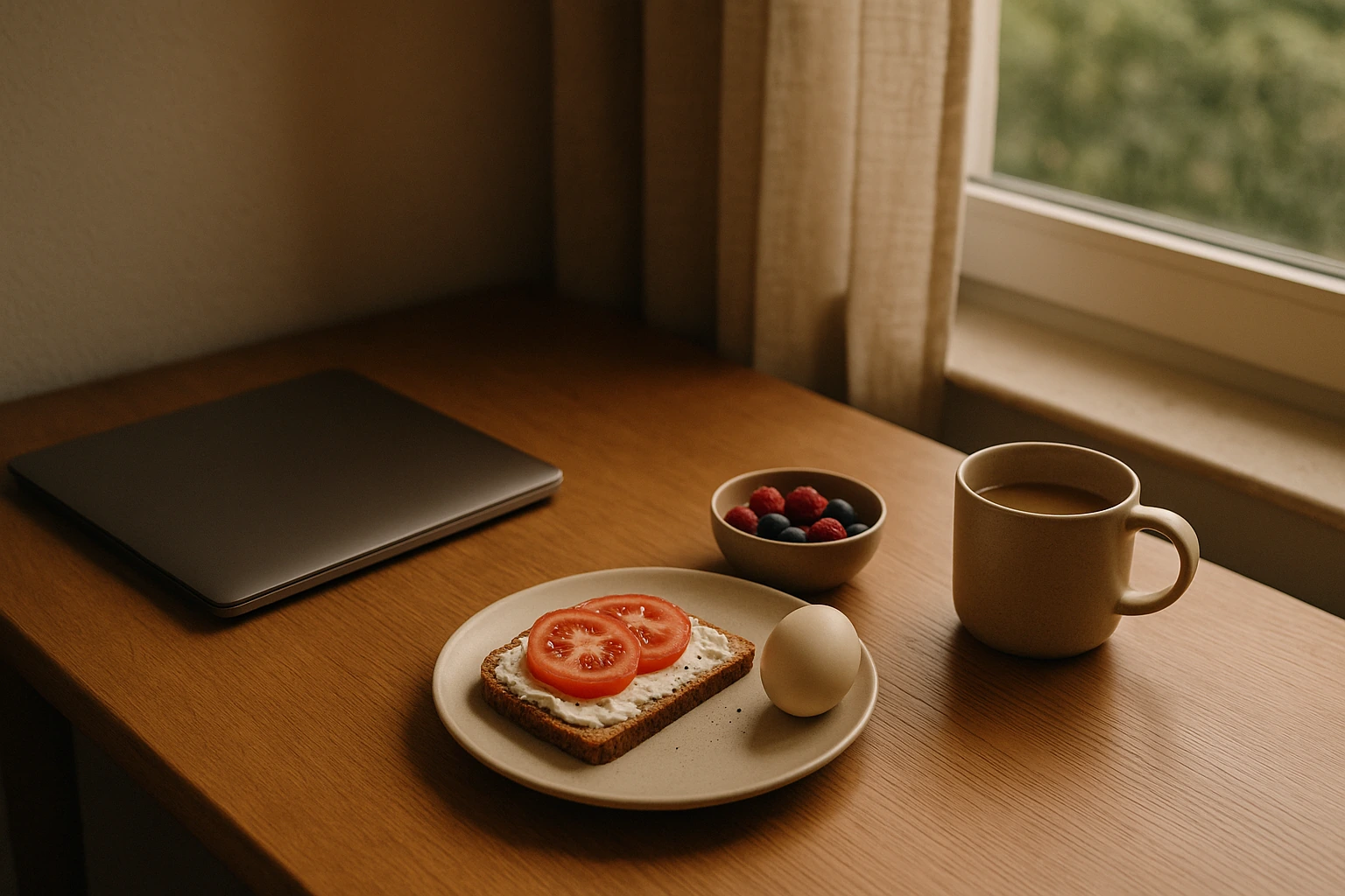 Tartine à l'œuf et à la tomate, bol de fruits rouges, café et ordinateur portable fermé sur un bureau