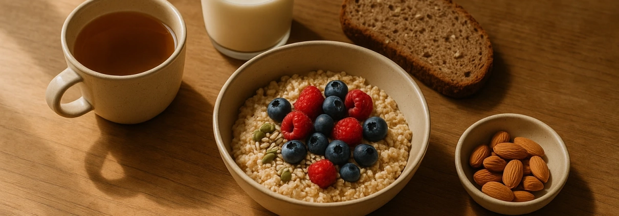 Bol de porridge aux fruits rouges entouré d'une tranche de pain, d'un verre de lait et d'un thé