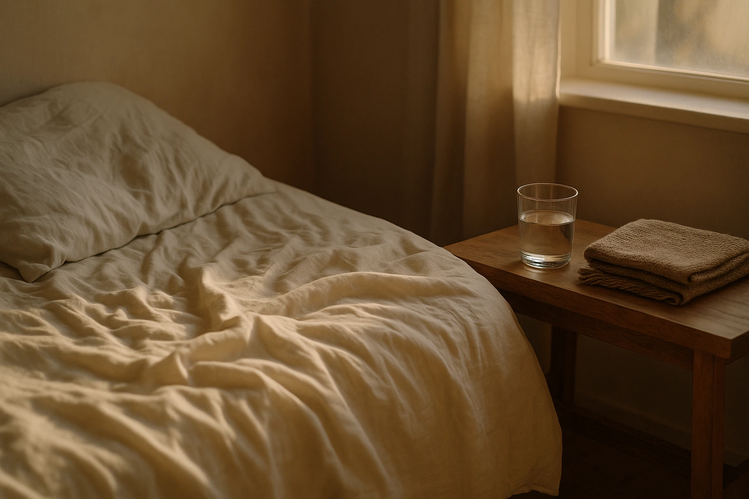 Chambre baignée de lumière douce avec lit défait, verre d'eau et serviette pliée sur une table de nuit
