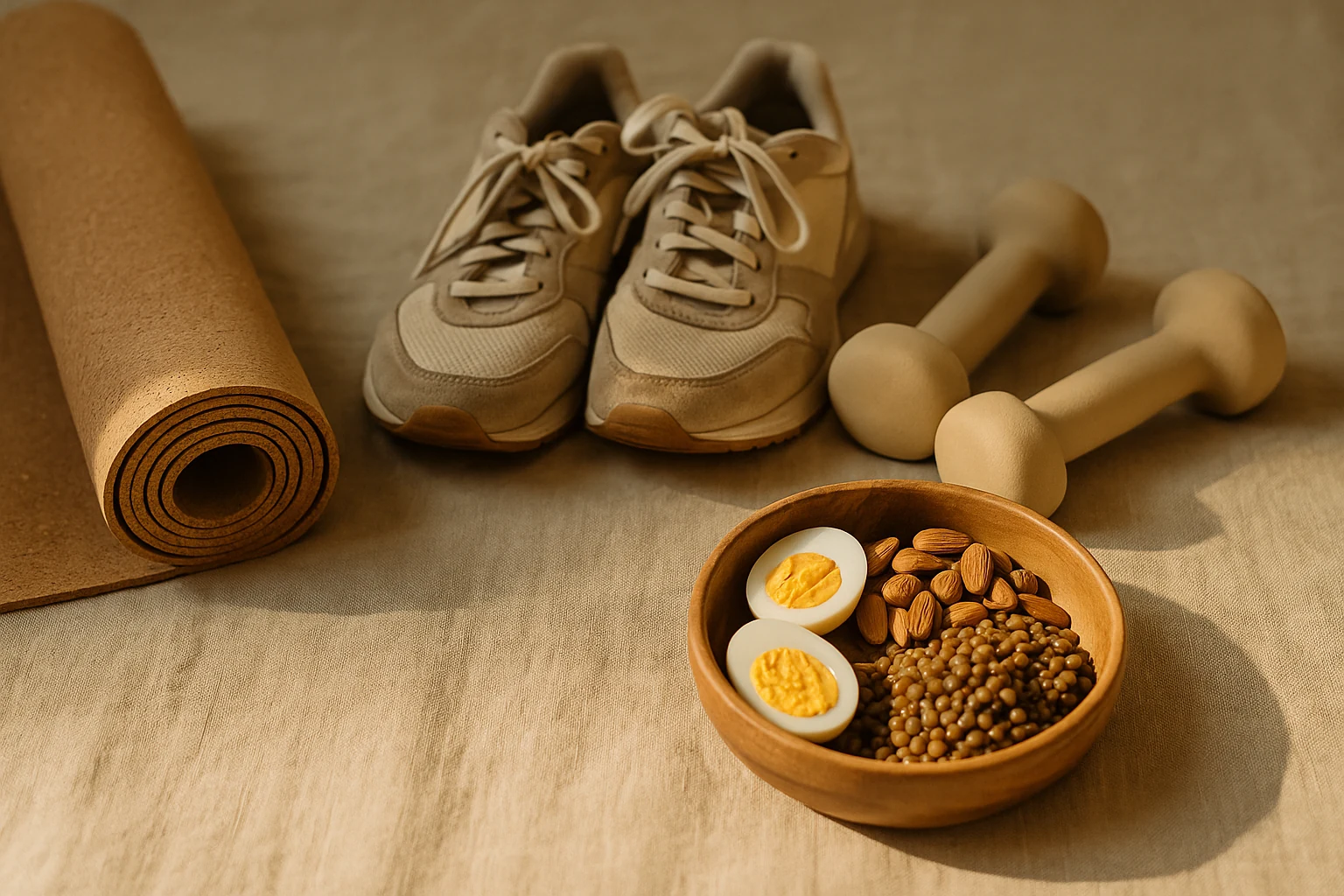 Tapis de sol, chaussures de sport, haltères et bol d'œufs, amandes et lentilles disposés au sol