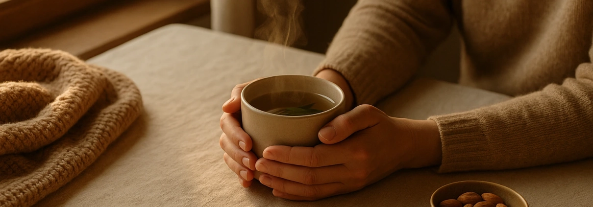 Mains tenant une tasse de tisane fumante près d'une fenêtre, avec un bol d'amandes et un rameau d'olivier