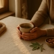 Mains tenant une tasse de tisane fumante près d'une fenêtre, avec un bol d'amandes et un rameau d'olivier