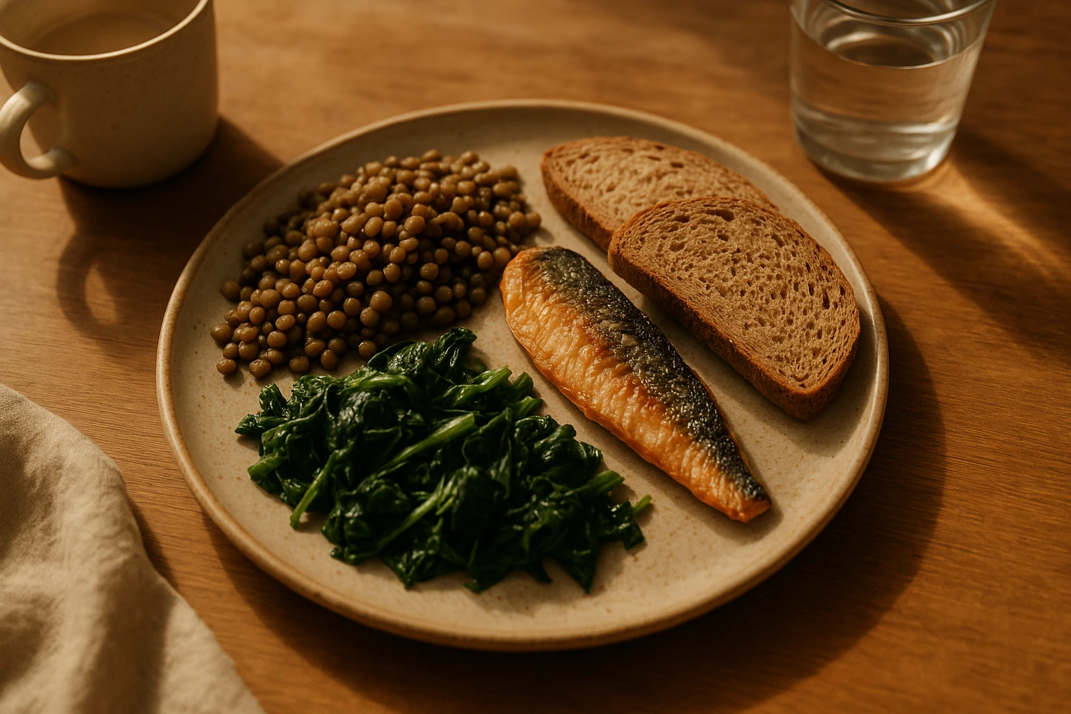 Assiette avec filet de poisson grillé, épinards cuits, lentilles et tranches de pain complet