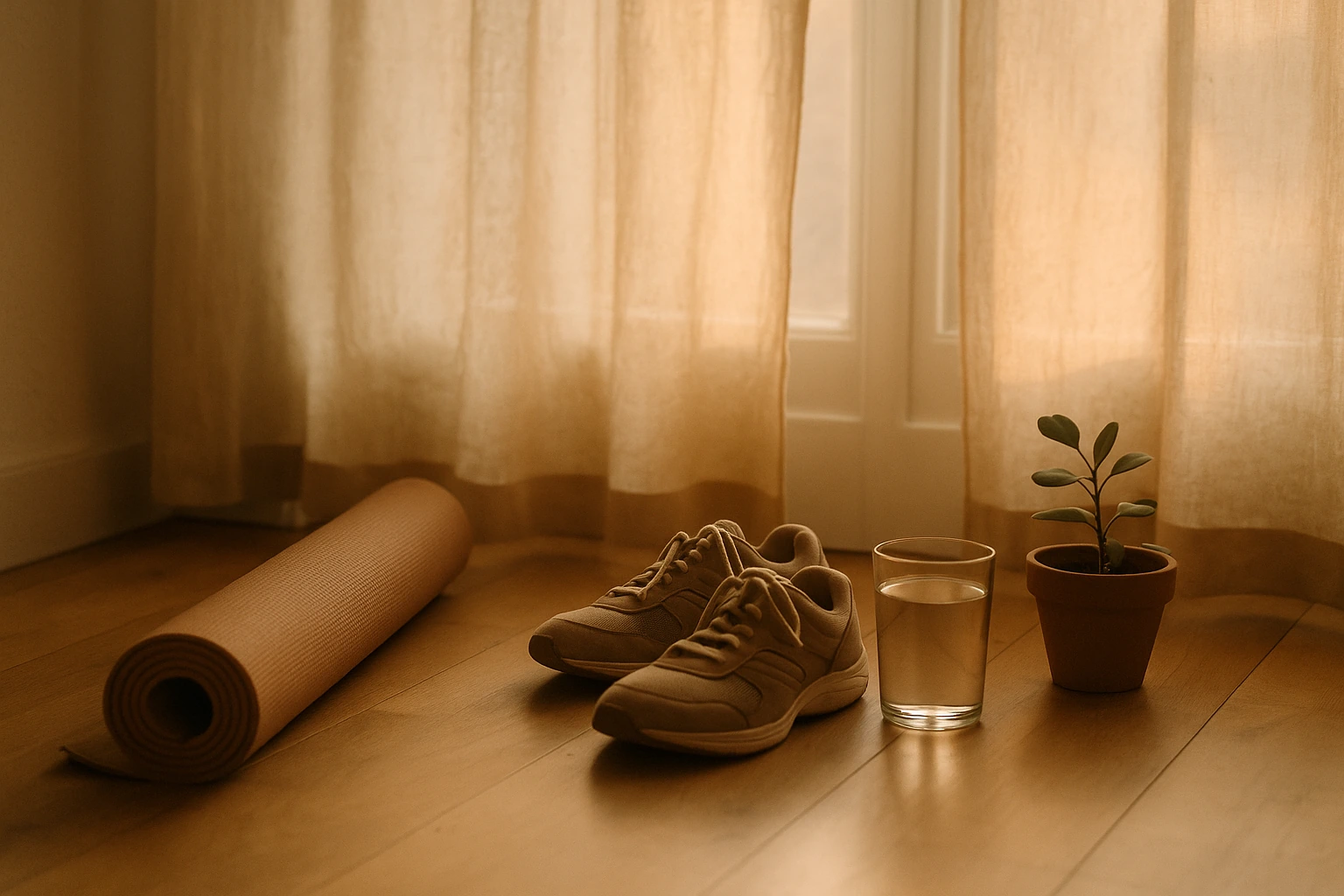 Tapis de yoga enroulé, chaussures de sport, verre d'eau et petite plante posés sur un parquet près d'une fenêtre.