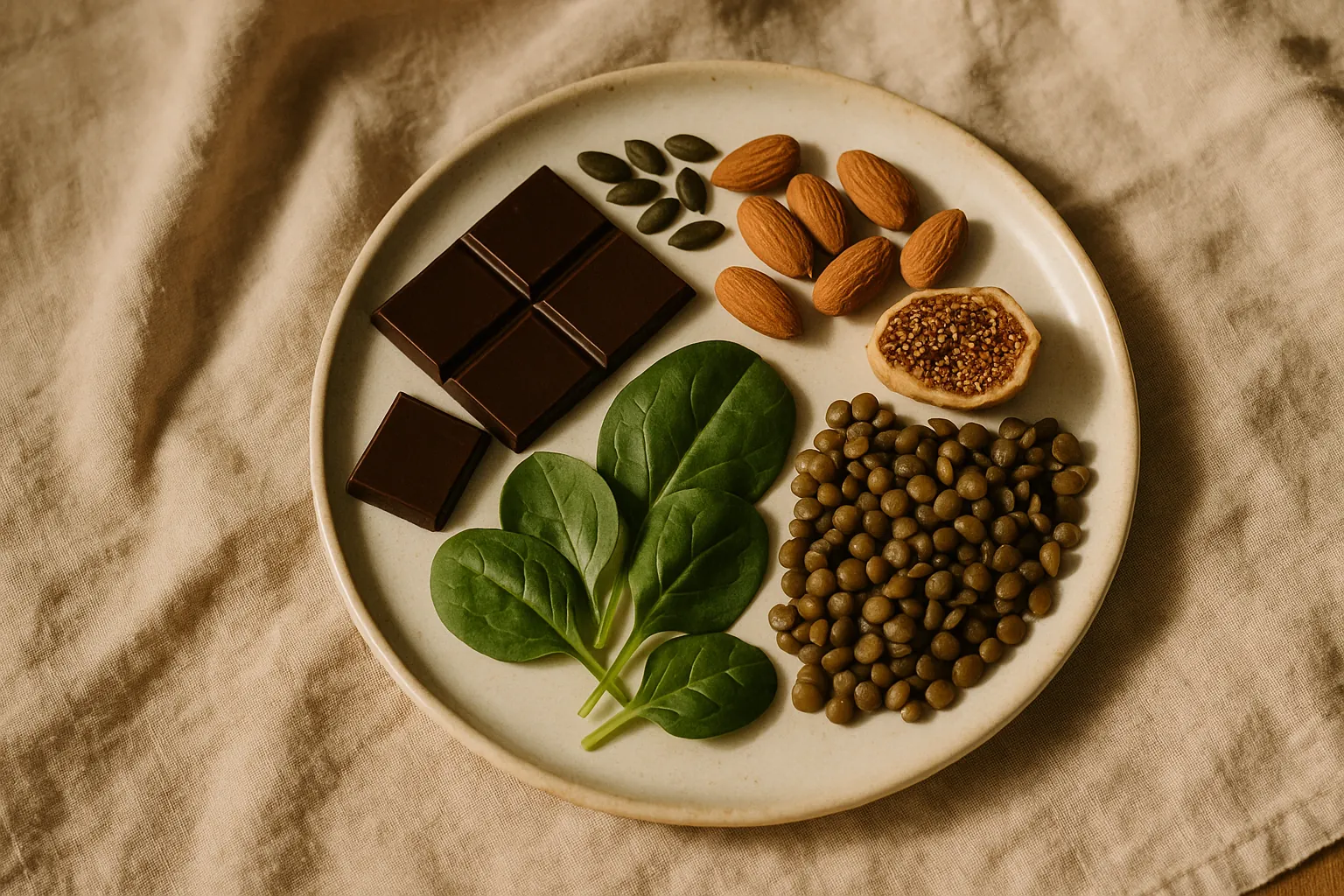 Assiette ronde présentant chocolat noir, amandes, graines, pousses d'épinard et lentilles disposés en quartiers