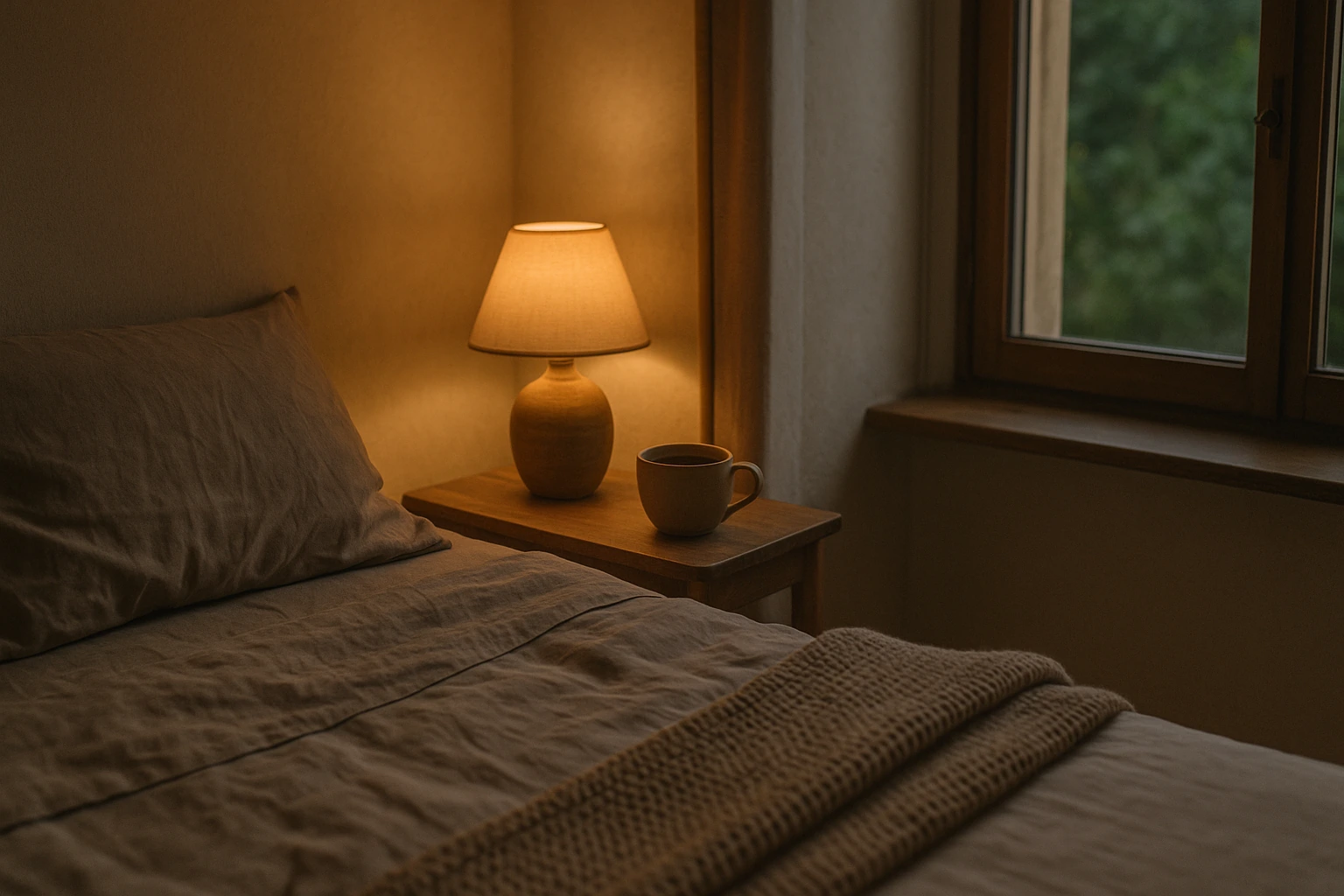 Chambre tamisée le soir avec lampe de chevet allumée, tasse posée sur une table de nuit et lit en lin