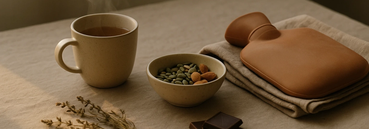 Tisane fumante, bol d'amandes et légumineuses, carrés de chocolat noir et bouillotte posés sur une table en lin