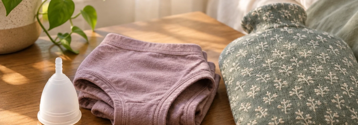 Une coupe menstruelle, un sous-vêtement en coton plié et une bouillotte posés sur une table de chevet.